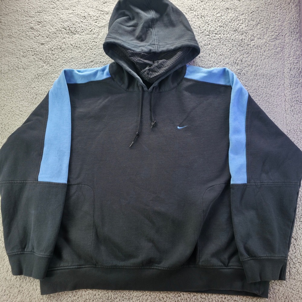Vintage Nike Mens XXL Pullover Hoodie Black Blue Mesh Lined Hood Sweatshirt Y2K